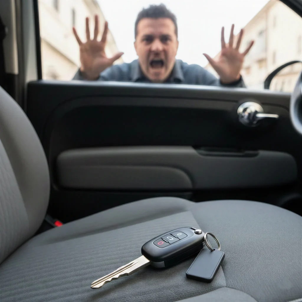 Chiavi dimenticate sul sedile dell'auto e uomo fuori dal finestrino che richiede il servizio di apertura auto chiuse per emergenza.