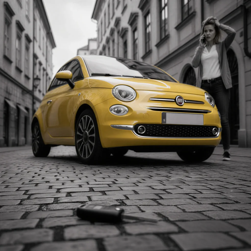 Una donna disperata al telefono vicino a una Fiat 500 gialla dopo aver subito lo smarrimento delle chiavi auto perse sul selciato.