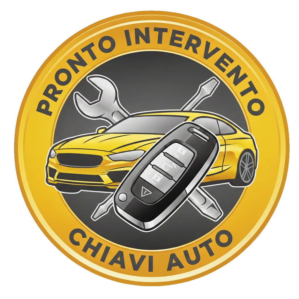 Logo ufficiale Pronto Intervento Chiavi Auto con grafica di una macchina gialla, una chiave elettronica e attrezzi da officina per assistenza tecnica.